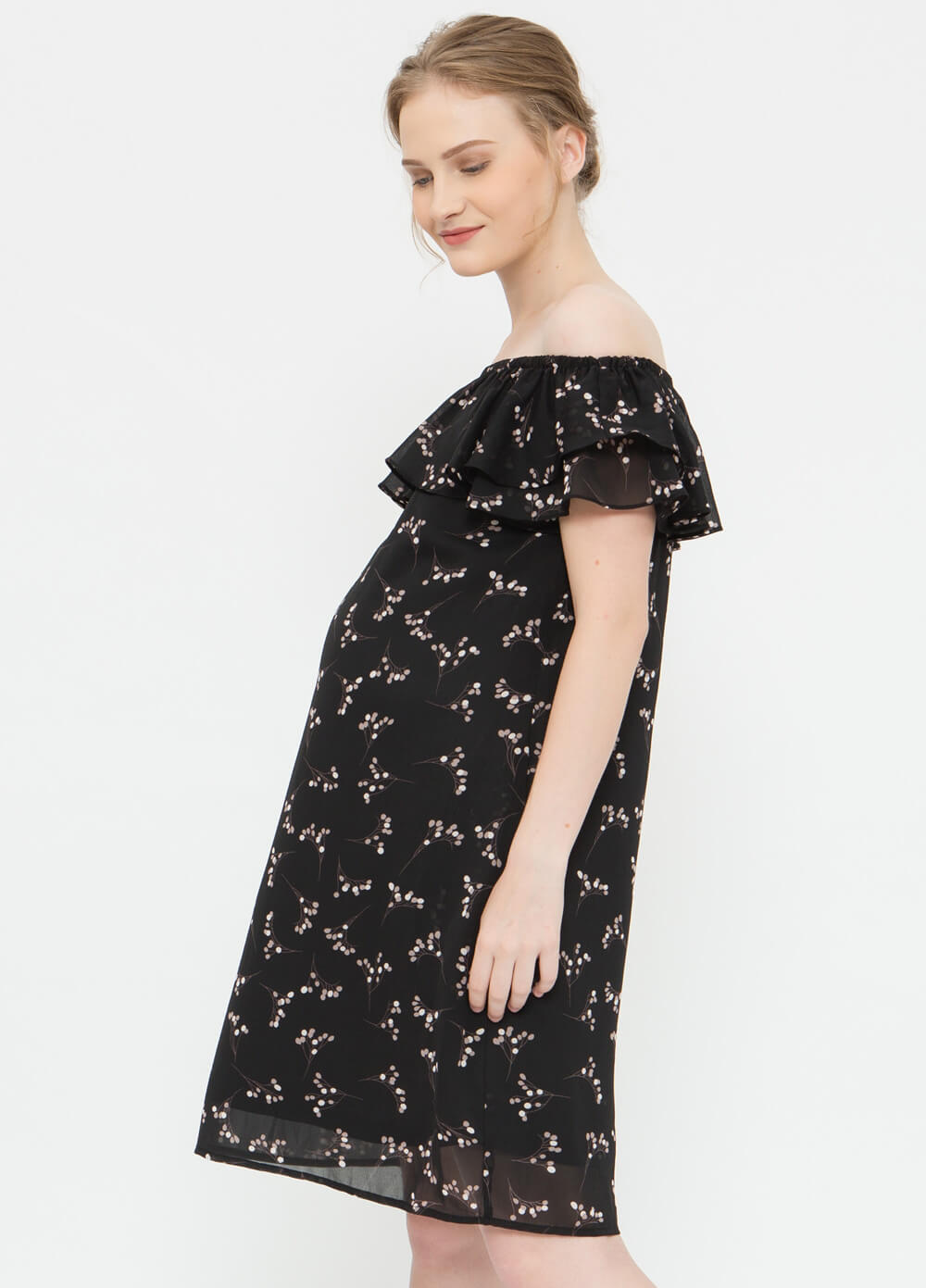 Clarinda Maternity Nursing Party Dress in Black Print by Spring