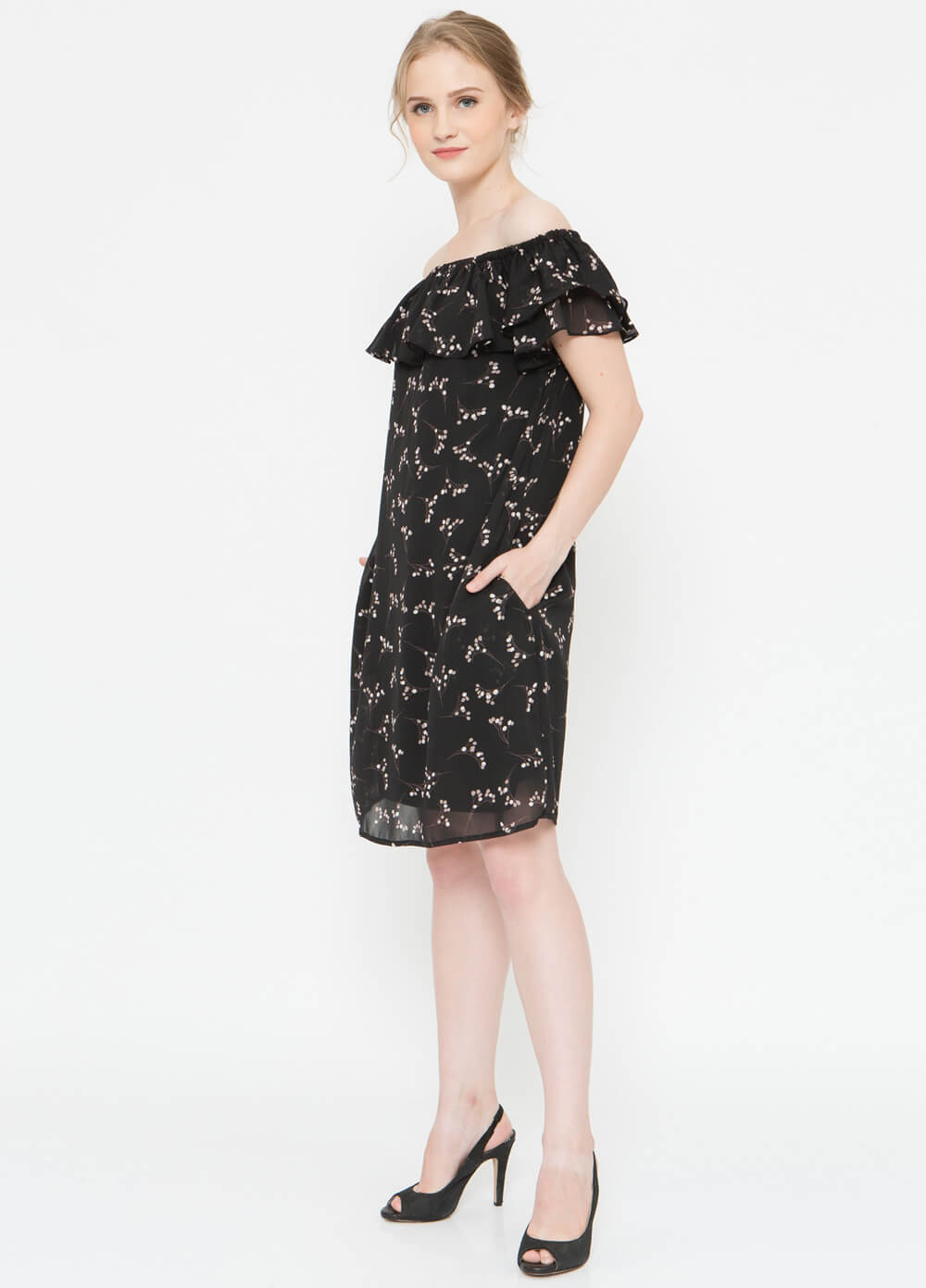 Clarinda Maternity Nursing Party Dress in Black Print by Spring
