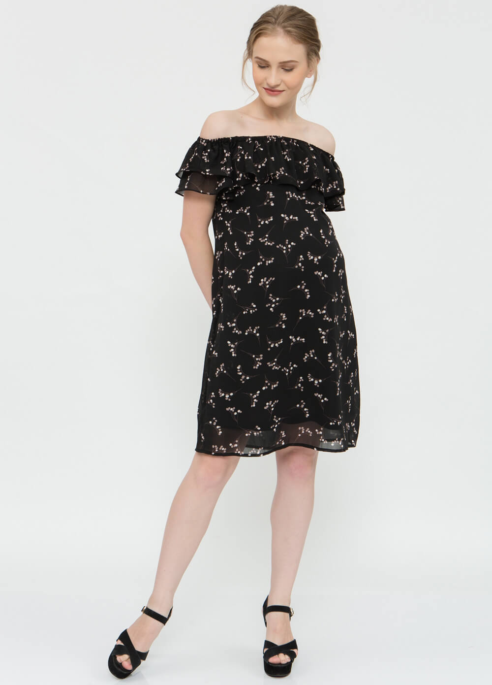 Clarinda Maternity Nursing Party Dress in Black Print by Spring