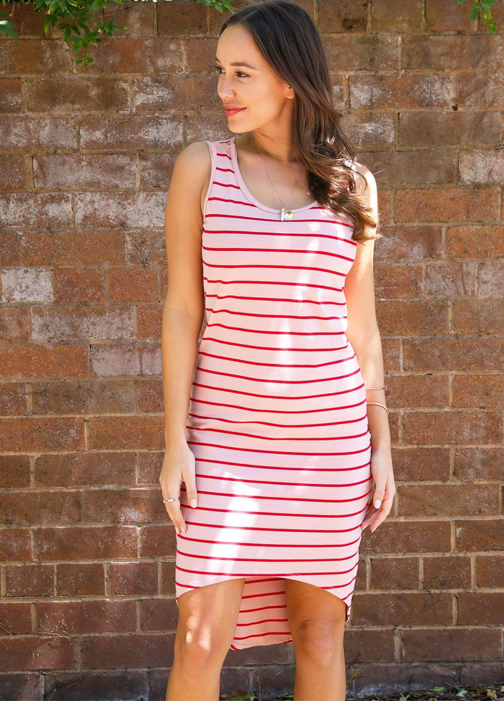 Austin Postpartum Feeding Dress in Pink/Red Stripes by Trimester