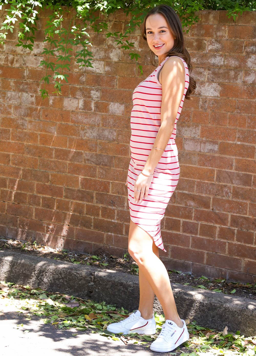 Austin Postpartum Feeding Dress in Pink/Red Stripes by Trimester