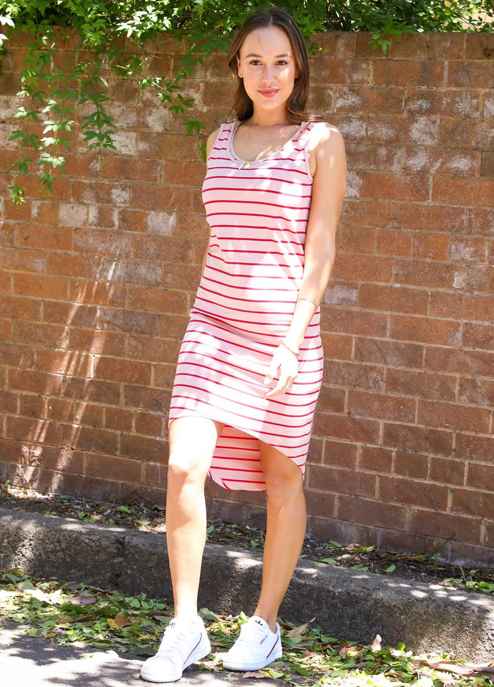 Austin Postpartum Feeding Dress in Pink/Red Stripes by Trimester