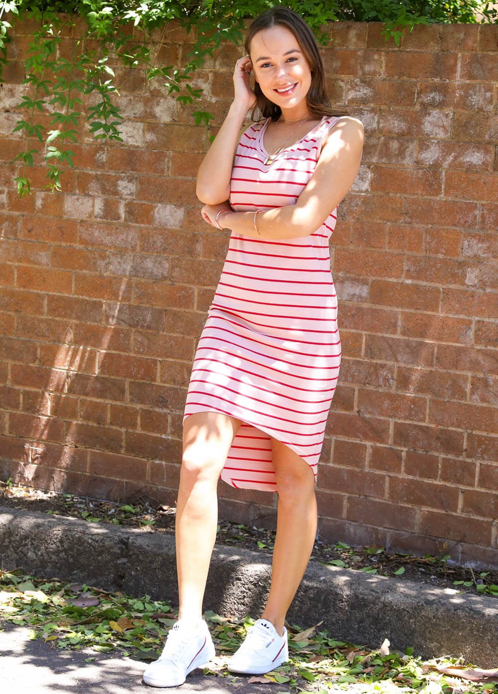 Austin Postpartum Feeding Dress in Pink/Red Stripes by Trimester