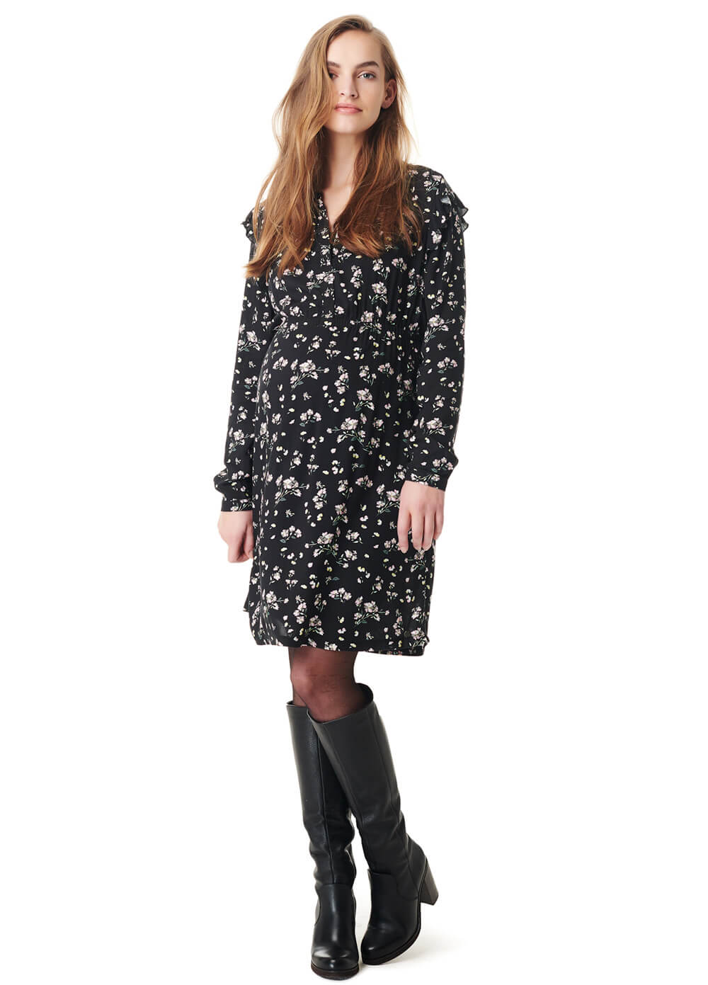 Viscose Maternity Nursing Dress in Black Floral by Esprit