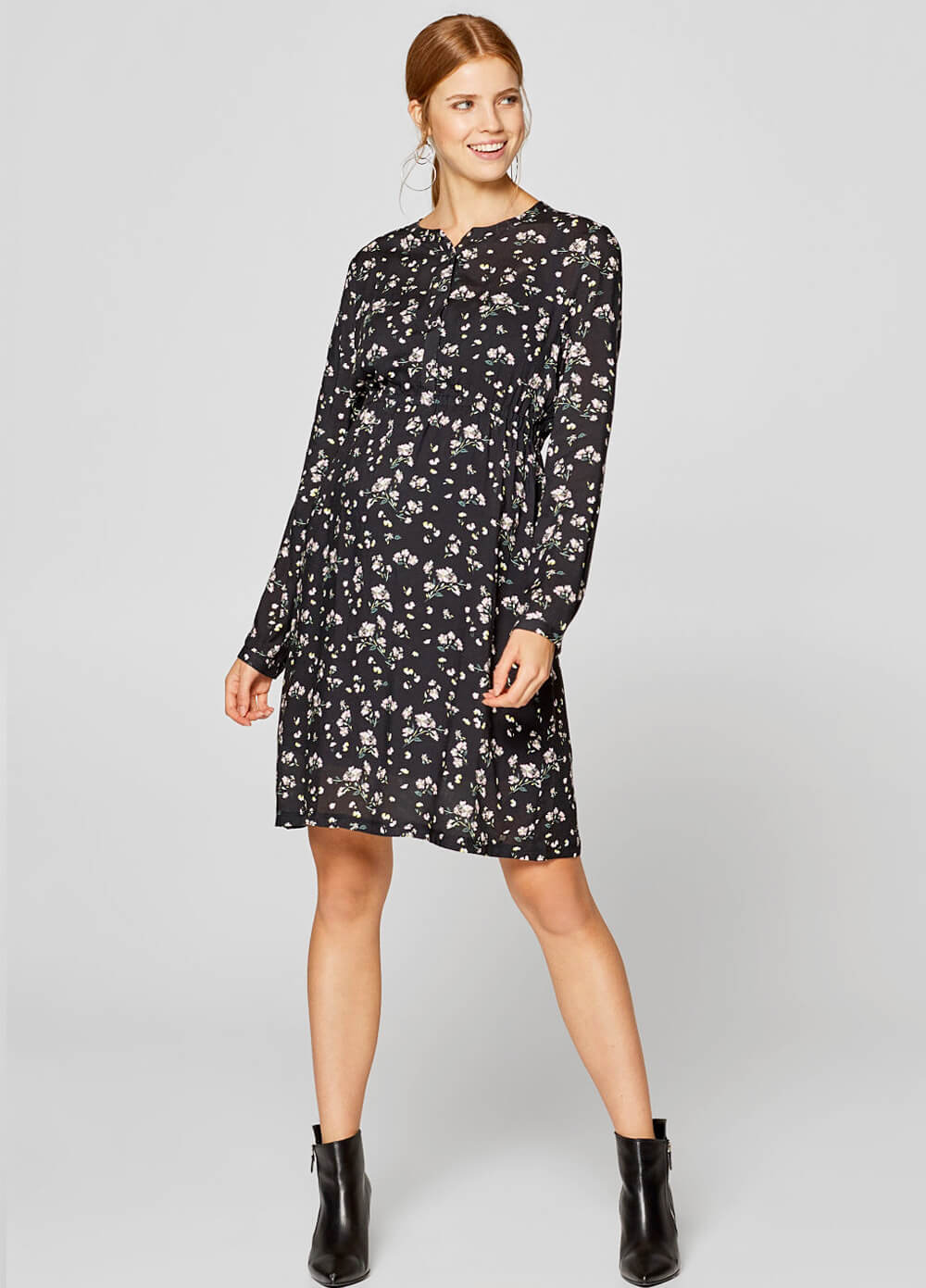 Viscose Maternity Nursing Dress in Black Floral by Esprit