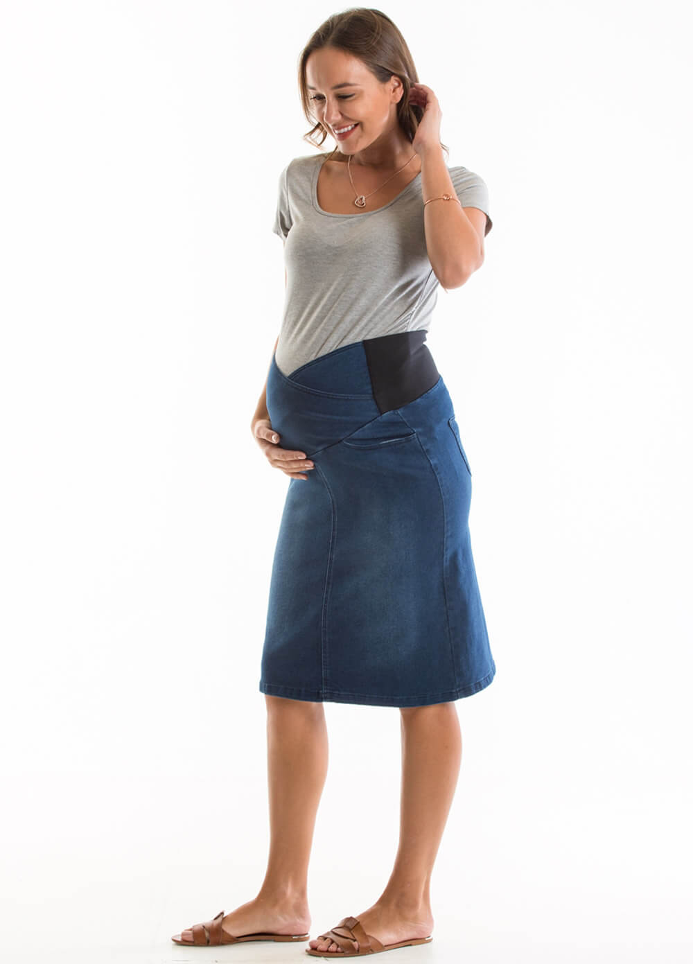 Maternity Denim Skirt in Blue Wash by Queen Bee 