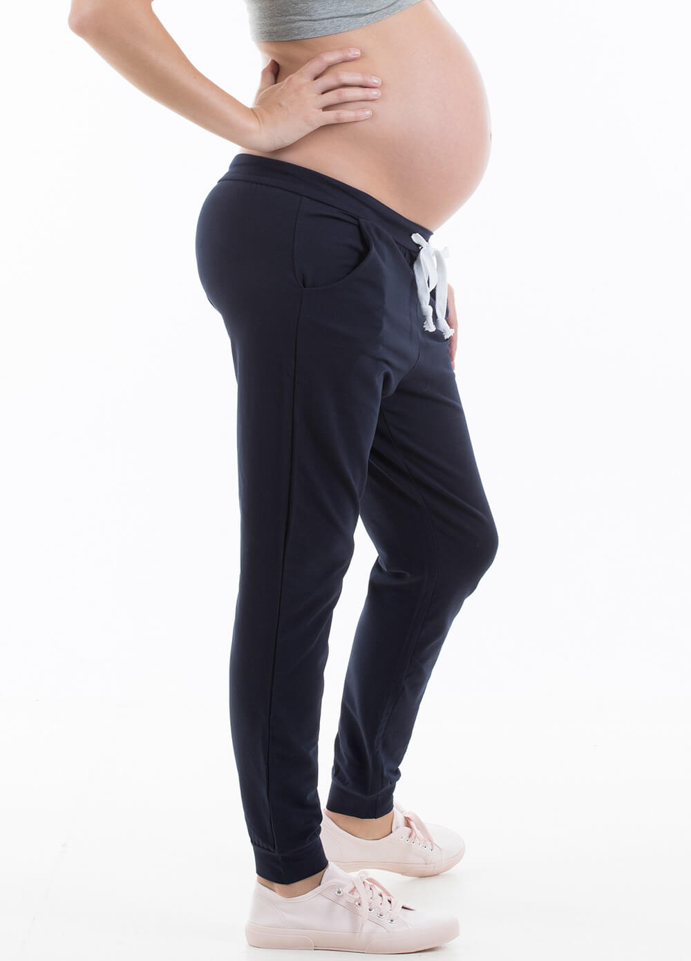 Katya Maternity Jogger Pants in Navy by Trimester