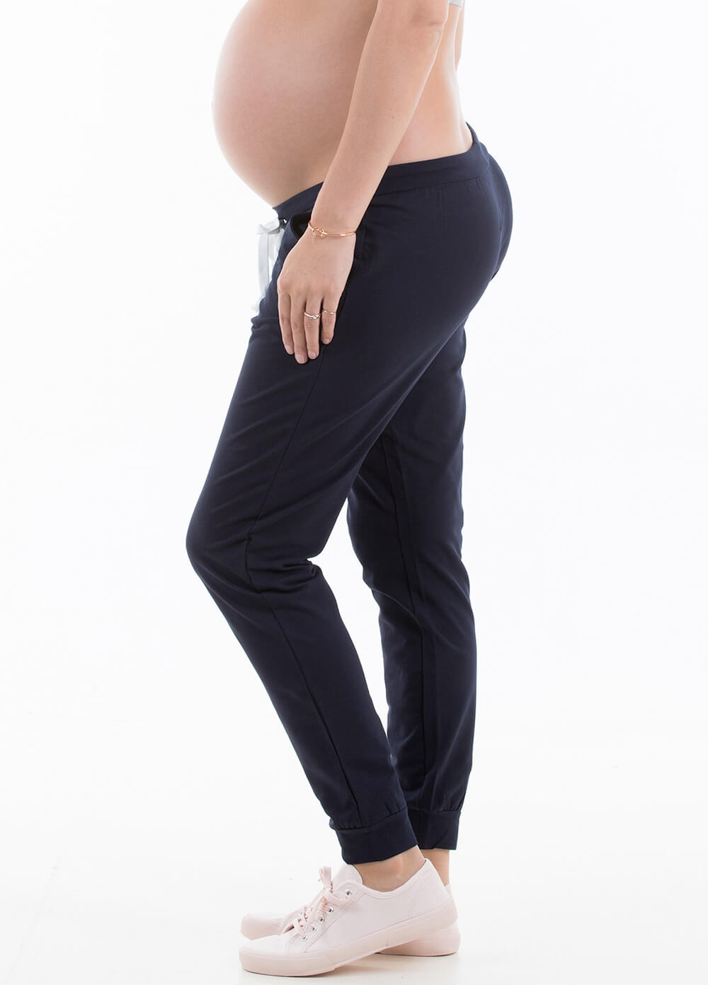 Katya Maternity Jogger Pants in Navy by Trimester