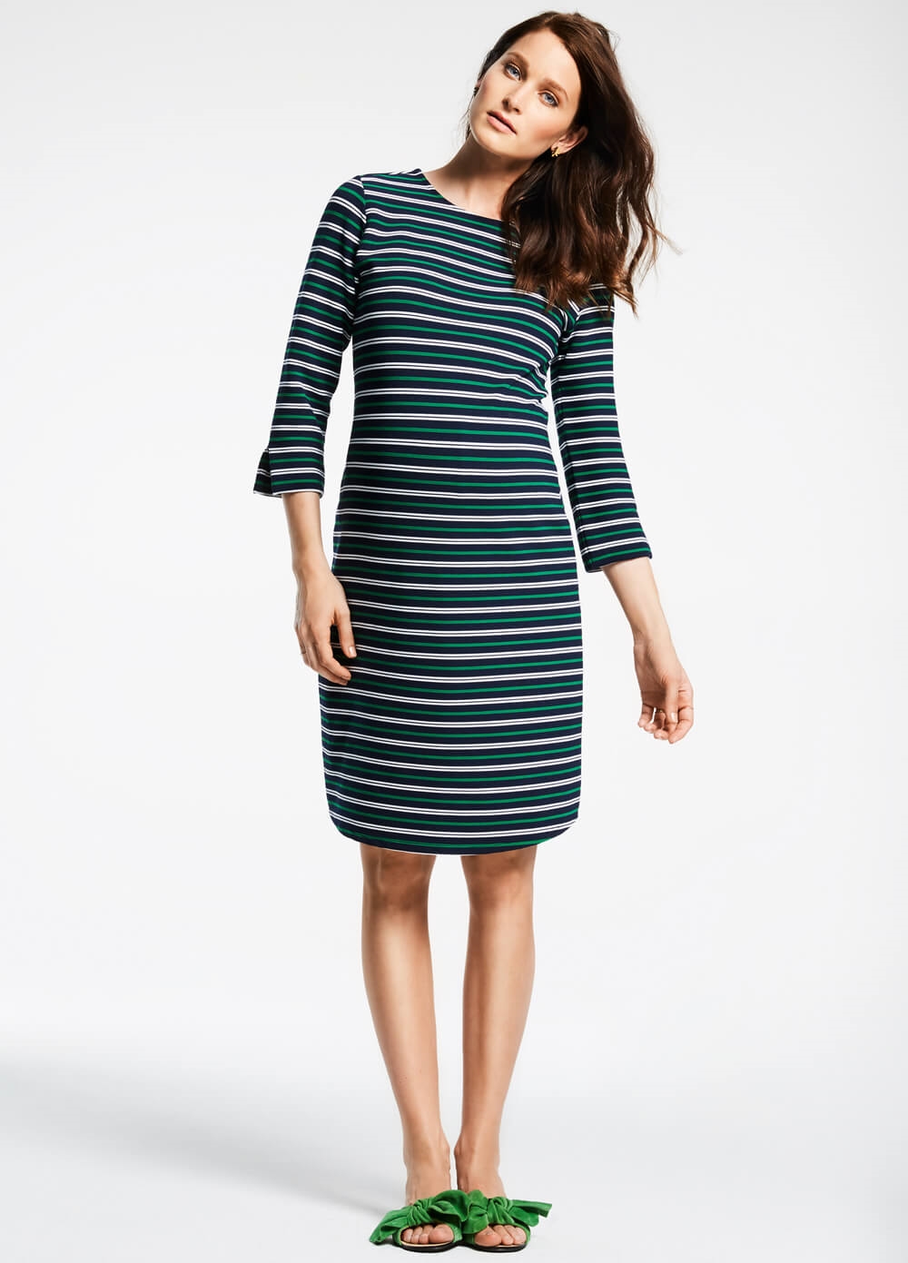 Sky Captain Maternity Shift Dress in Green Stripes by Queen mum