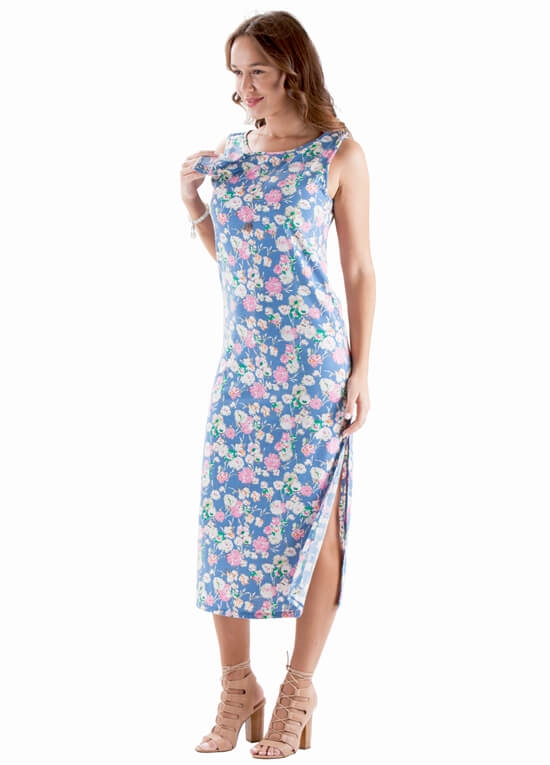 Cora Postpartum Nursing Maxi Dress in Blue Floral by Trimester