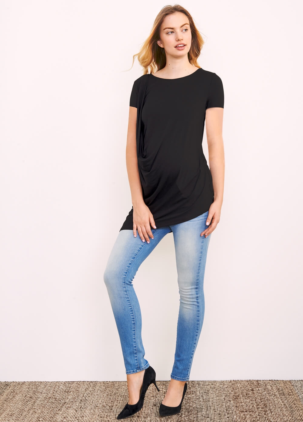 Shoulder Pleat Maternity Tee in Black by Maternal America 