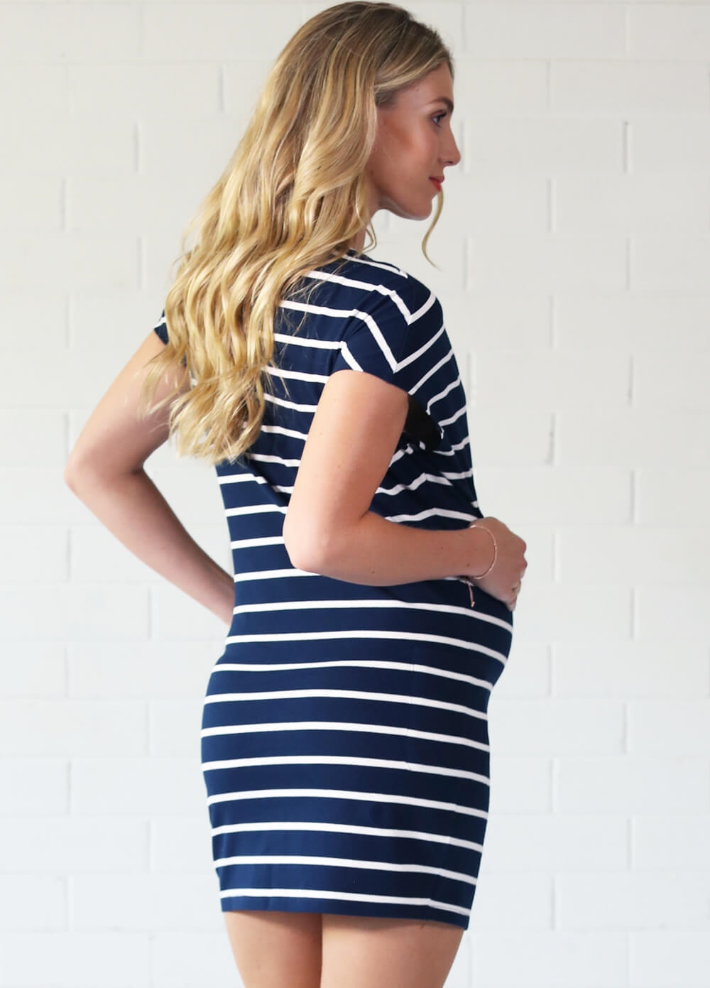 Zara Pocket Maternity Dress in Navy Blue Stripes by Trimester