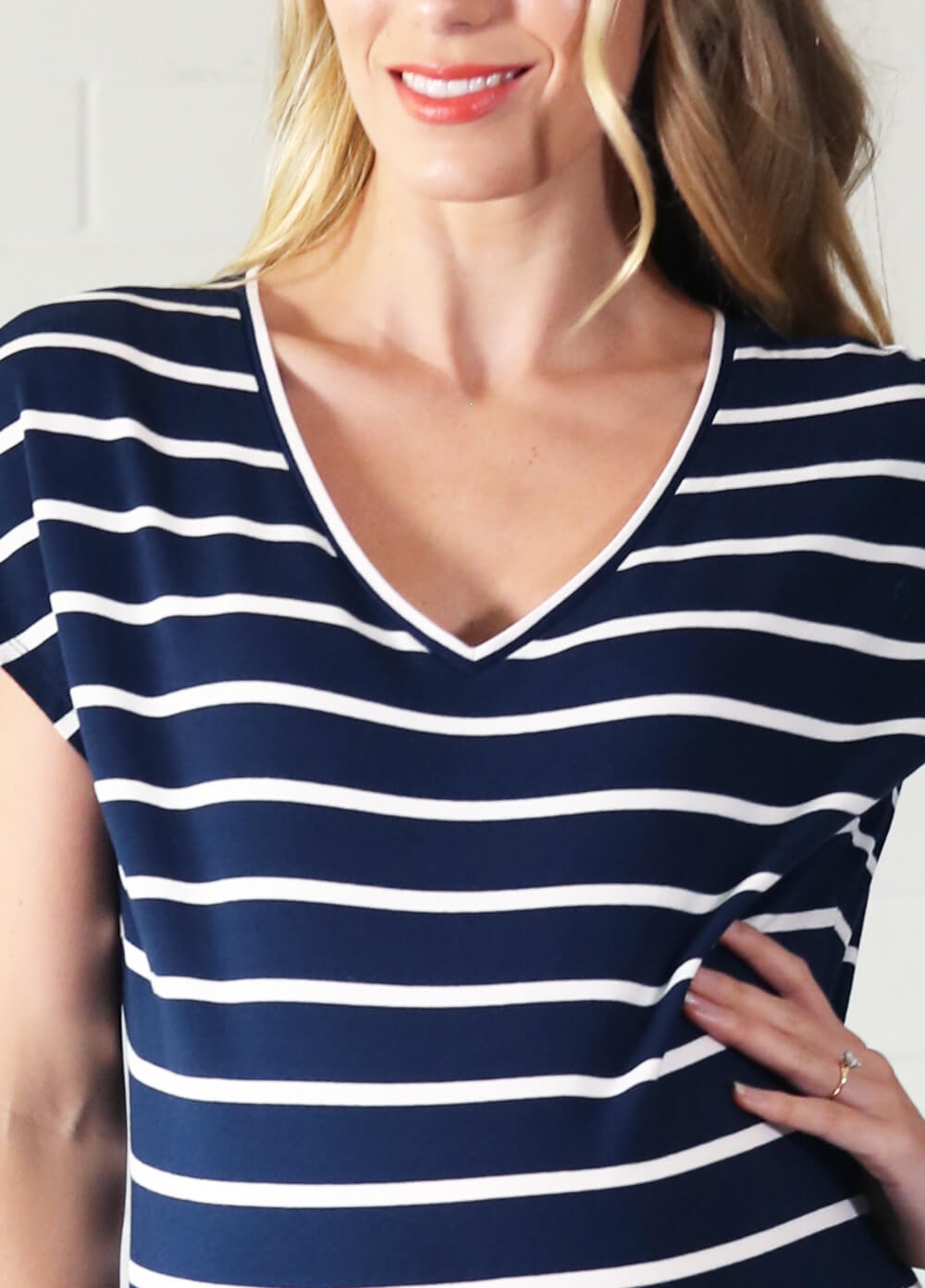 Zara Pocket Maternity Dress in Navy Blue Stripes by Trimester