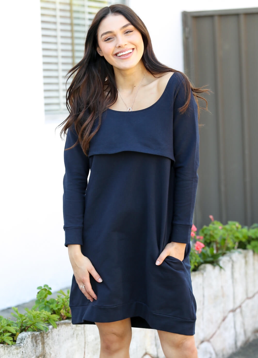 Winter Mama Journey Fleece Pregnancy Dress in Navy by Trimester