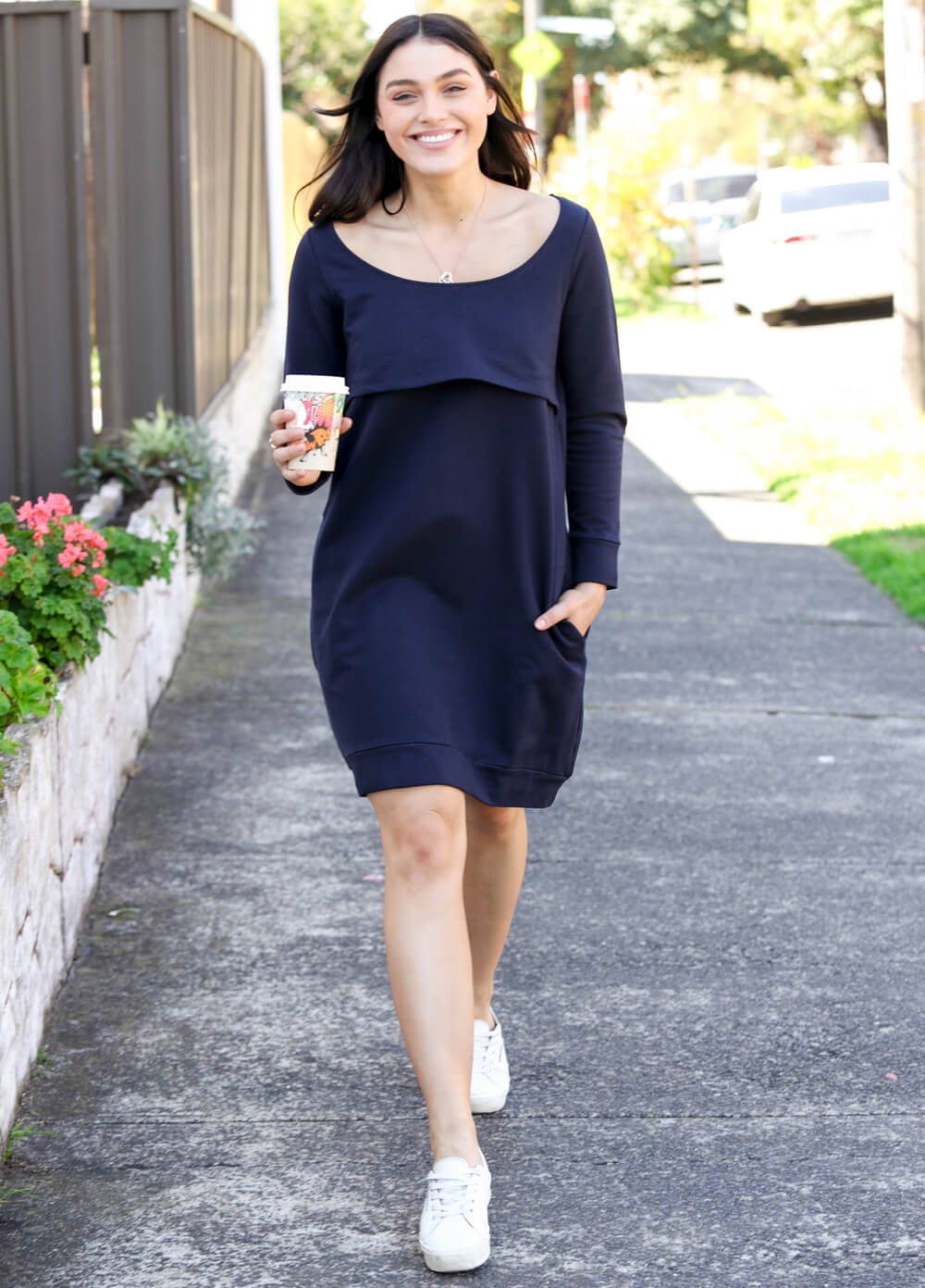 Winter Mama Journey Fleece Pregnancy Dress in Navy by Trimester