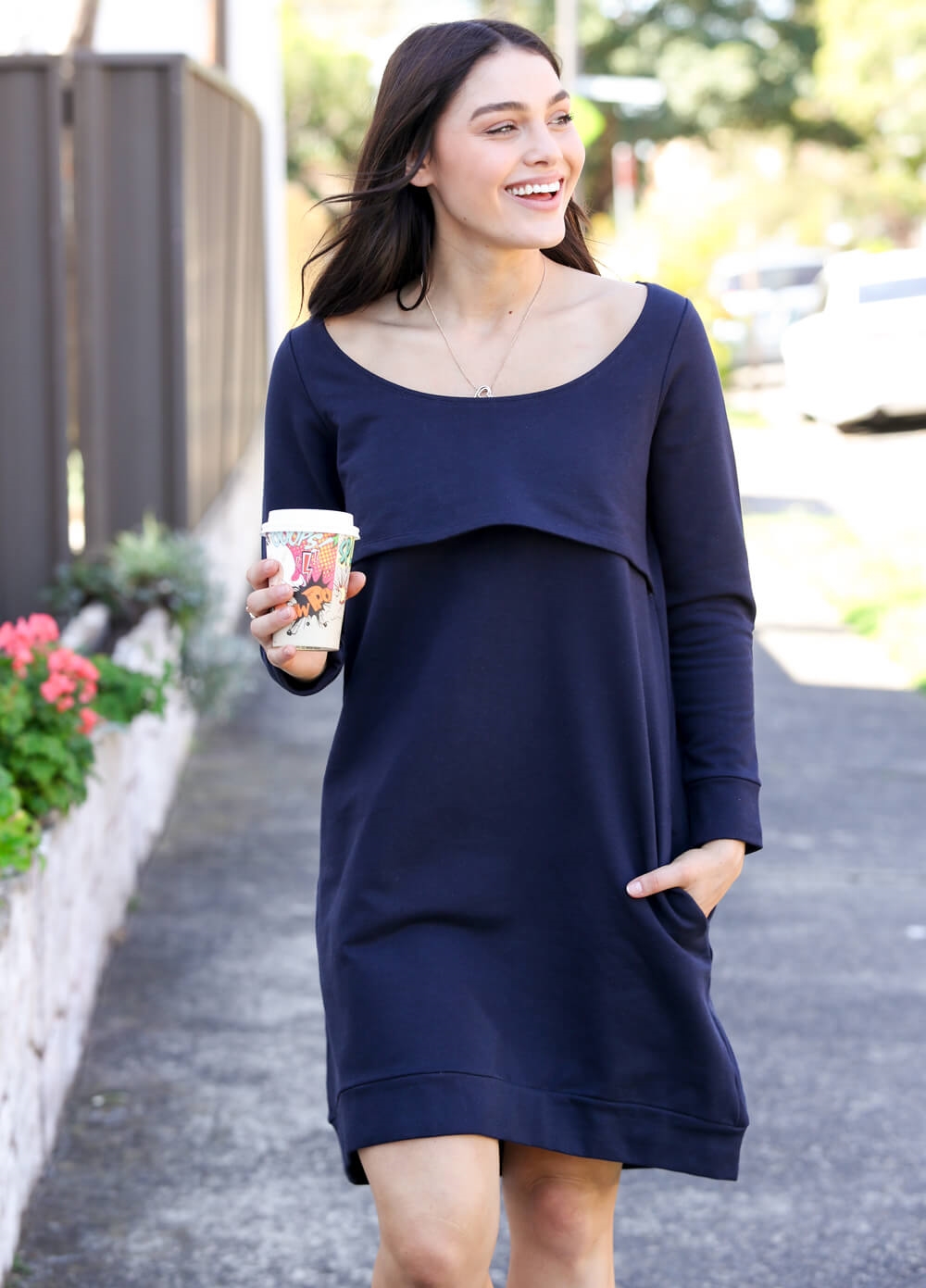 Winter Mama Journey Fleece Pregnancy Dress in Navy by Trimester