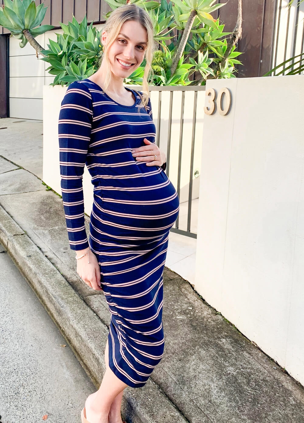 Maxwell Striped Maternity Midi Dress in Navy/Pink by Trimester