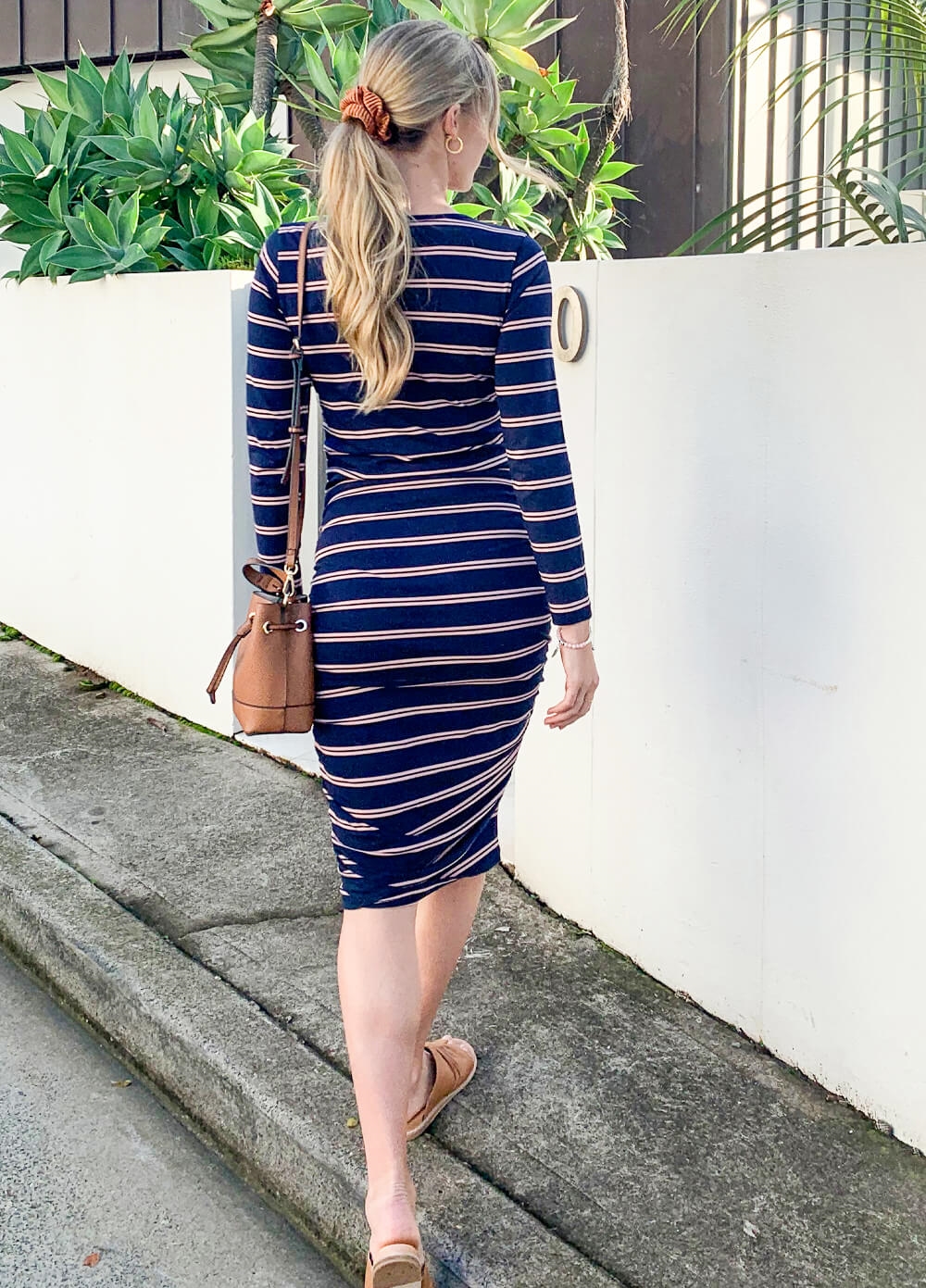 Maxwell Striped Maternity Midi Dress in Navy/Pink by Trimester