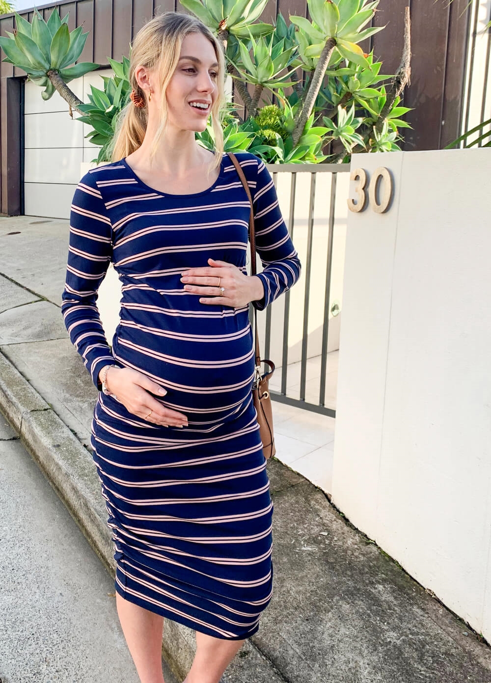 Maxwell Striped Maternity Midi Dress in Navy/Pink by Trimester