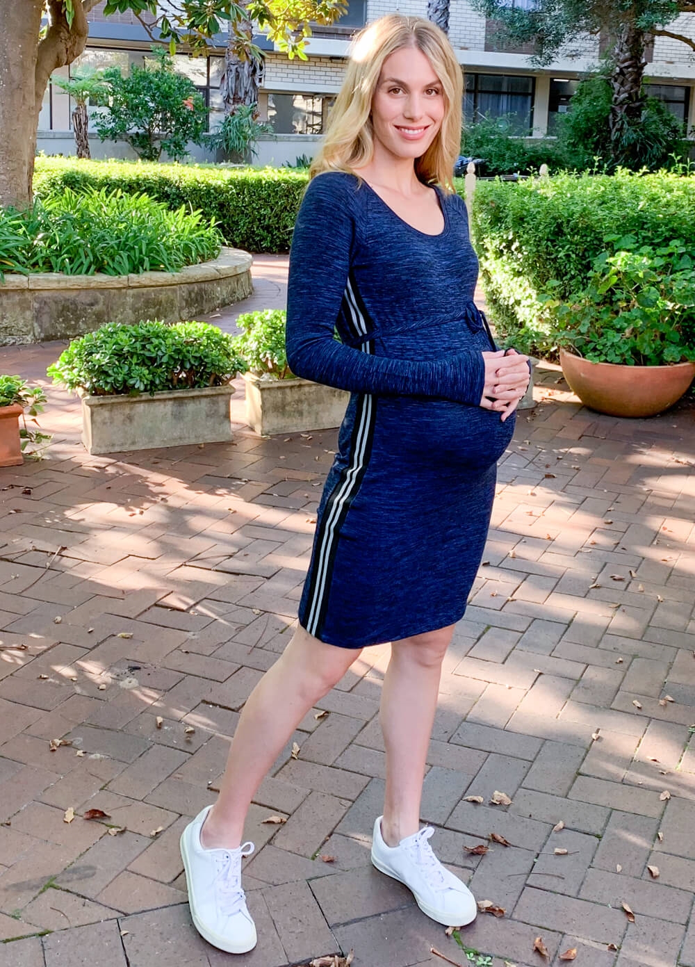 Sporty Side Stripe Maternity Knit Dress in Blue by Supermom