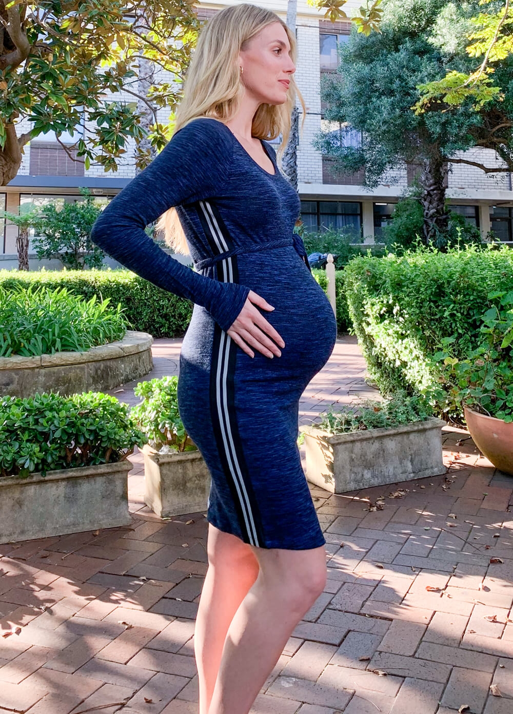 Sporty Side Stripe Maternity Knit Dress in Blue by Supermom