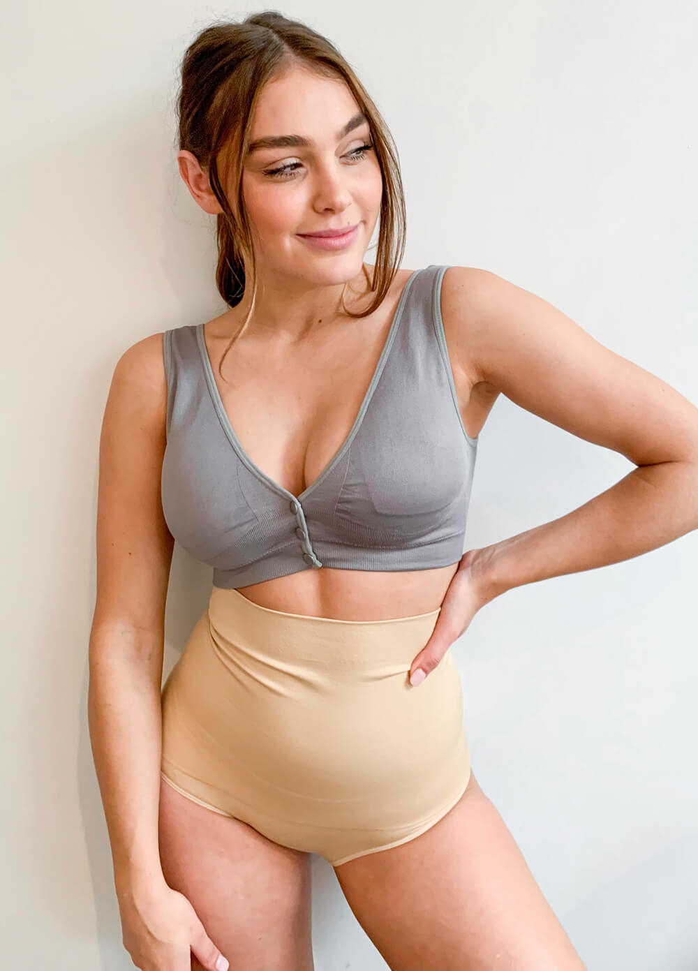 Queen Bee - Kayla Button Maternity Nursing Sleep Bra in Grey