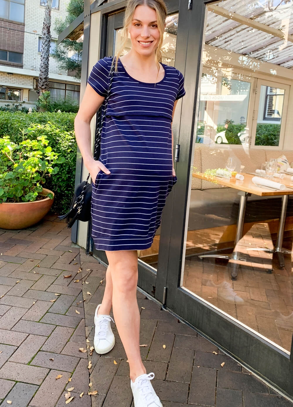 Iconic Mama Journey Dress in Navy Stripes by Trimester