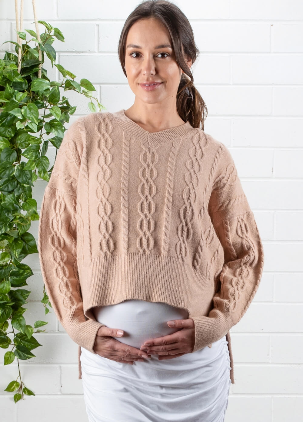 Lait & Co - Josie Cable Knit Cropped Jumper in Camel | Queen Bee