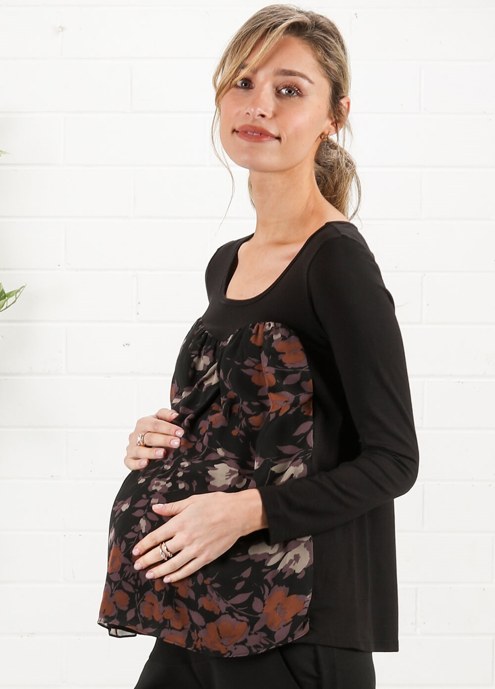 Black/Lilac Floral Chiffon Maternity Top by Maternal America