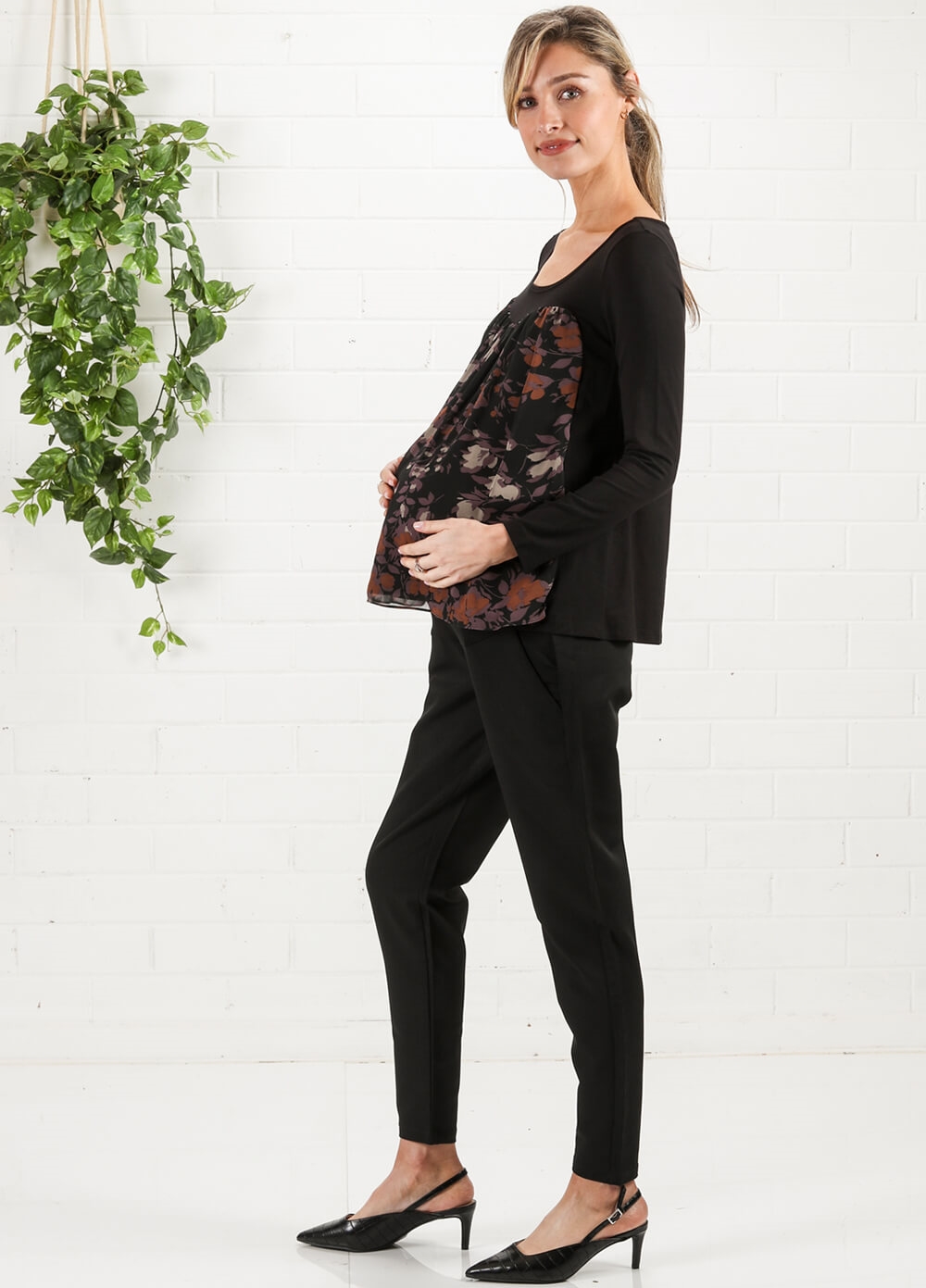 Black/Lilac Floral Chiffon Maternity Top by Maternal America 