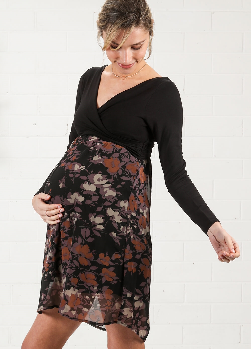 Crossover Maternity Dress in Black/Lilac Floral by Maternal America 
