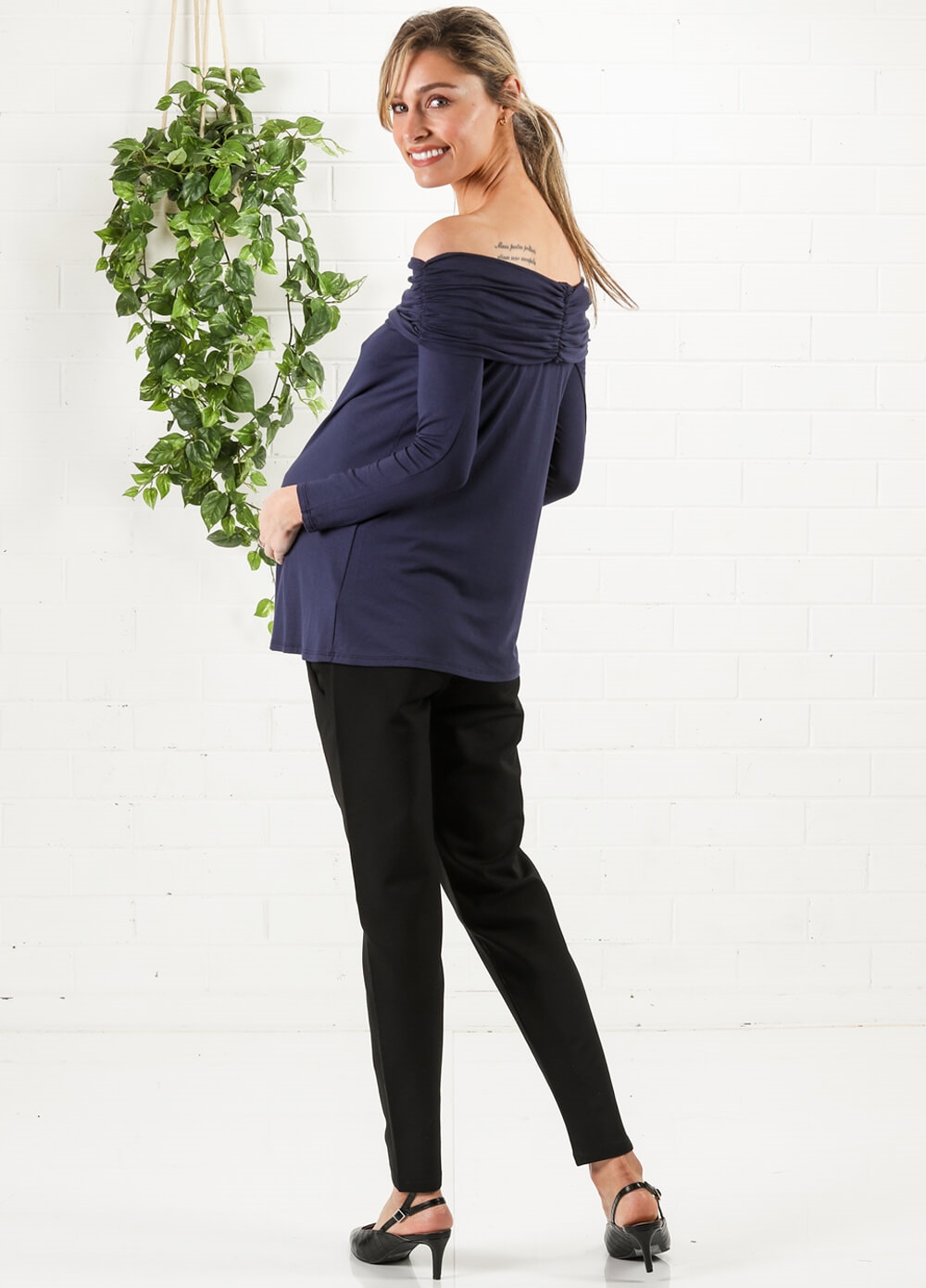 Off Shoulder Maternity Top in Navy by Maternal America 