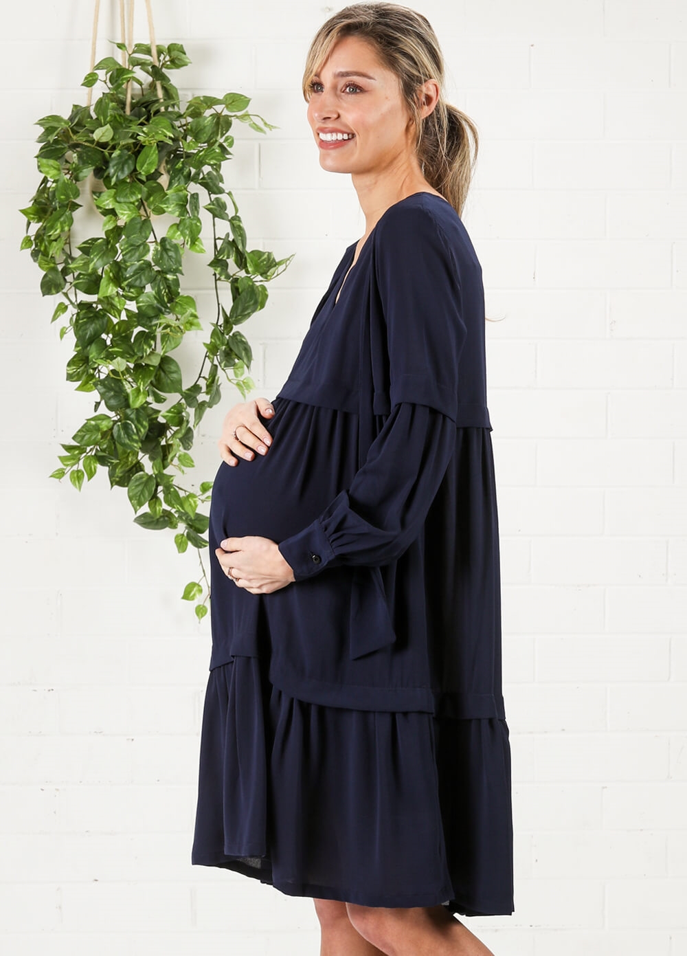 Imanimo - Nadia Tiered Maternity Midi Dress in Blue | Queen Bee