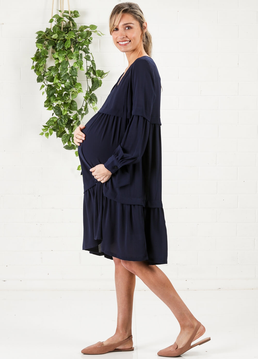 Imanimo - Nadia Tiered Maternity Midi Dress in Blue | Queen Bee