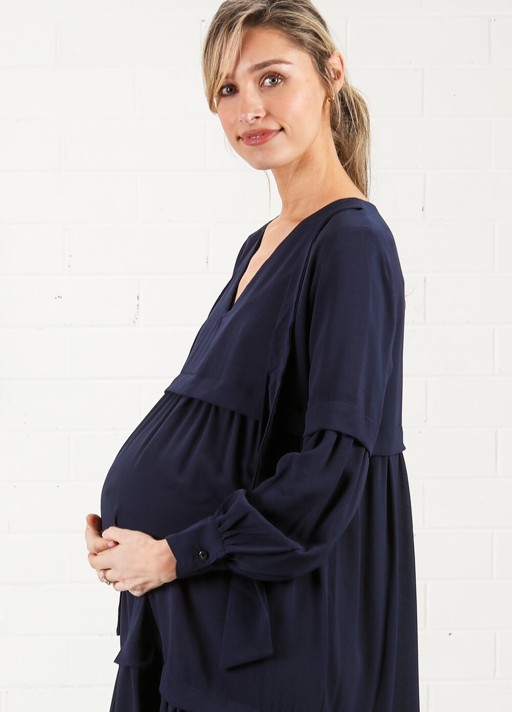 Imanimo - Nadia Tiered Maternity Midi Dress in Blue | Queen Bee