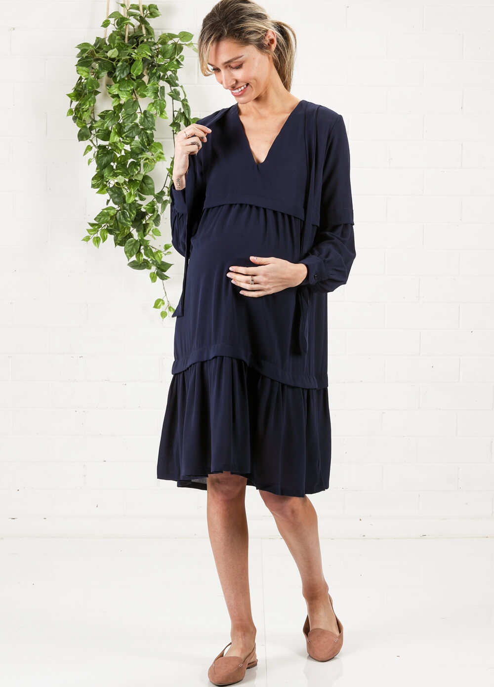 Imanimo - Nadia Tiered Maternity Midi Dress in Blue | Queen Bee