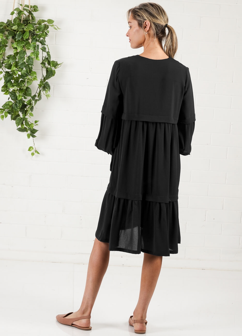 Imanimo - Nadia Tiered Maternity Midi Dress in Black | Queen Bee