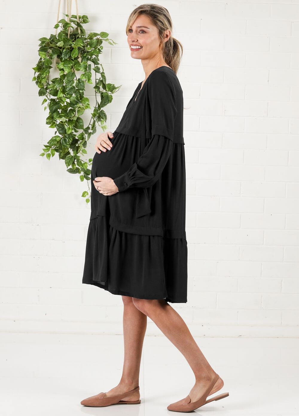 Imanimo - Nadia Tiered Maternity Midi Dress in Black | Queen Bee