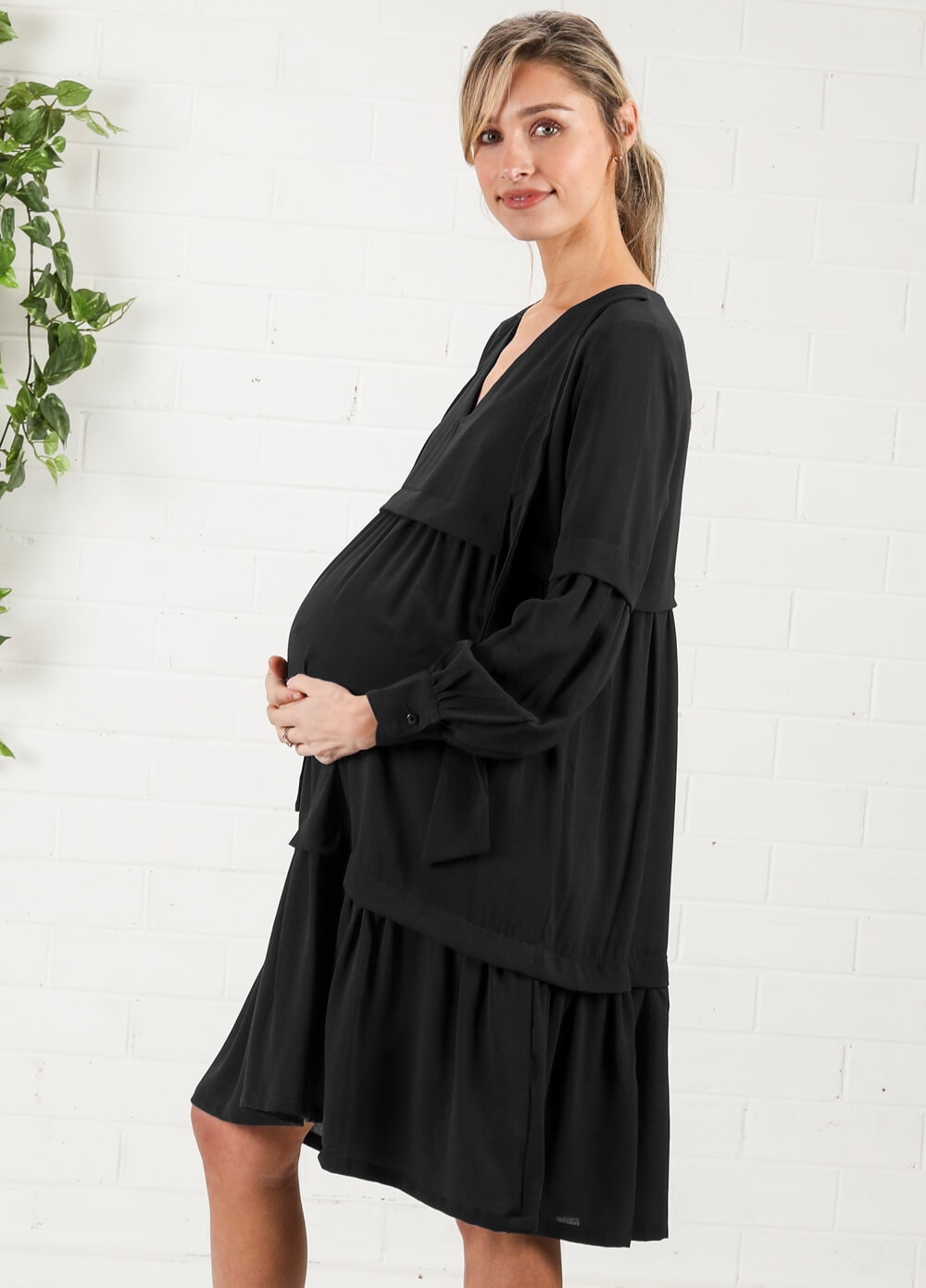 Imanimo - Nadia Tiered Maternity Midi Dress in Black | Queen Bee