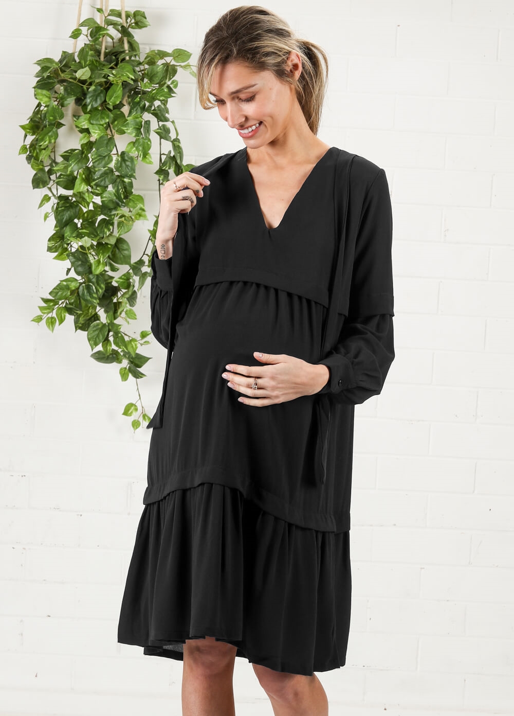 Imanimo - Nadia Tiered Maternity Midi Dress in Black | Queen Bee