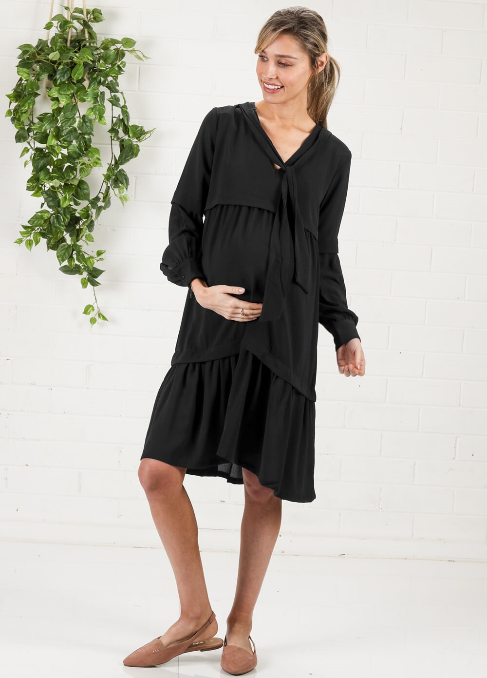 Imanimo - Nadia Tiered Maternity Midi Dress in Black | Queen Bee