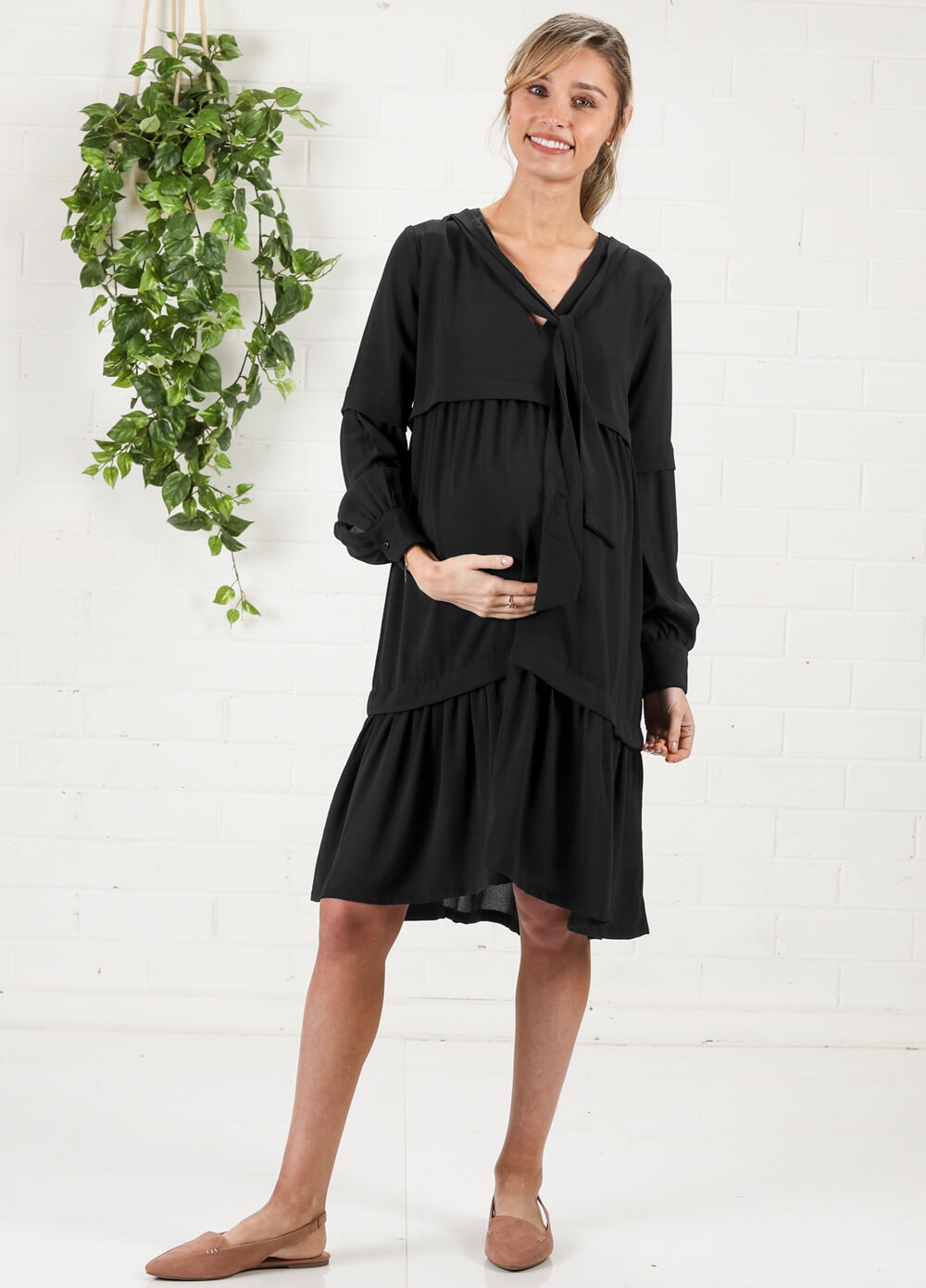 Imanimo - Nadia Tiered Maternity Midi Dress in Black | Queen Bee