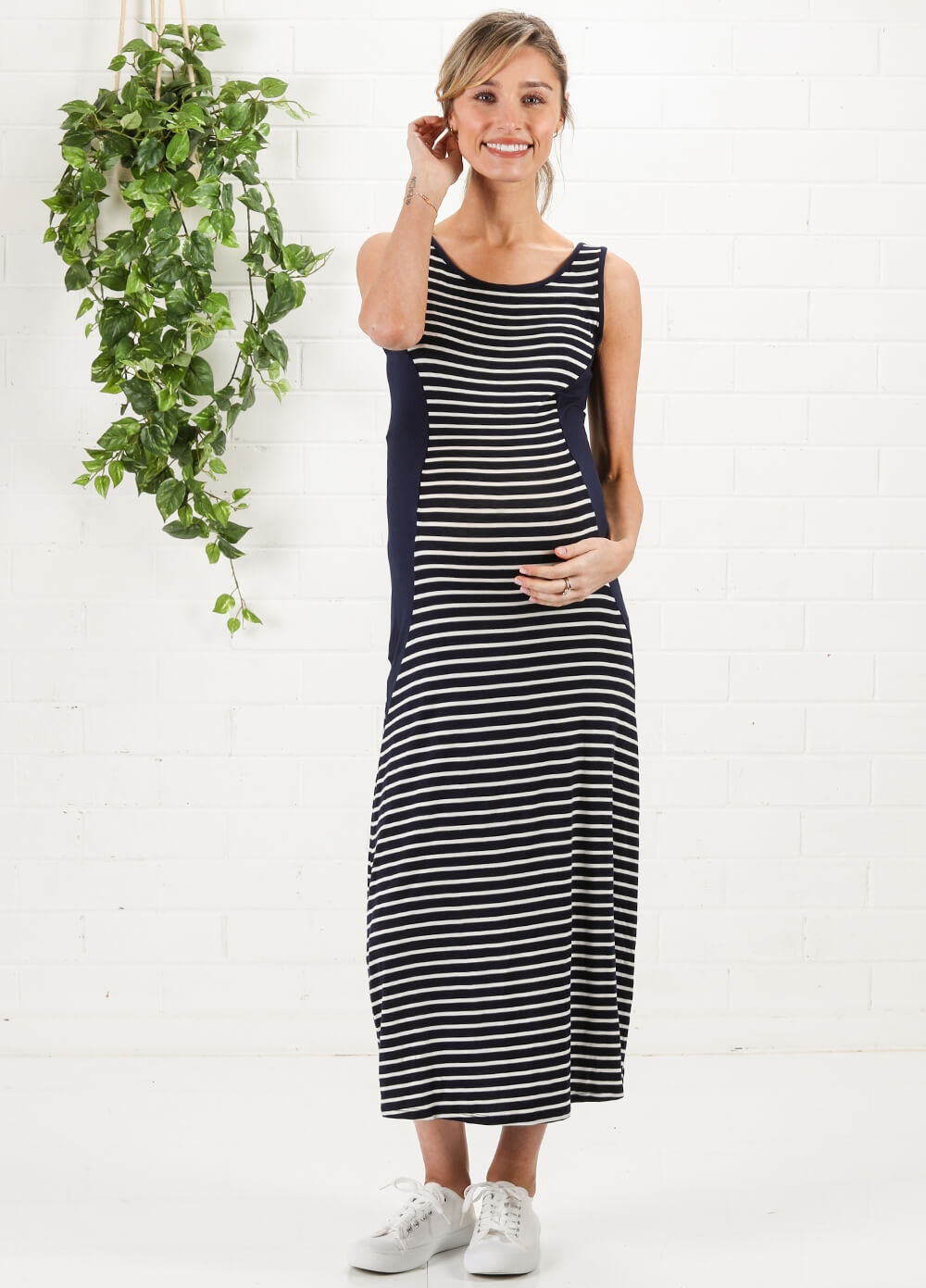 Side Insert Maternity Maxi Dress in Navy Stripes by Maternal America