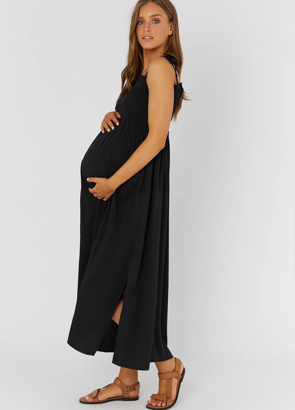 Legoe - Hvar Shirred Maternity Maxi Dress - Black | Queen Bee