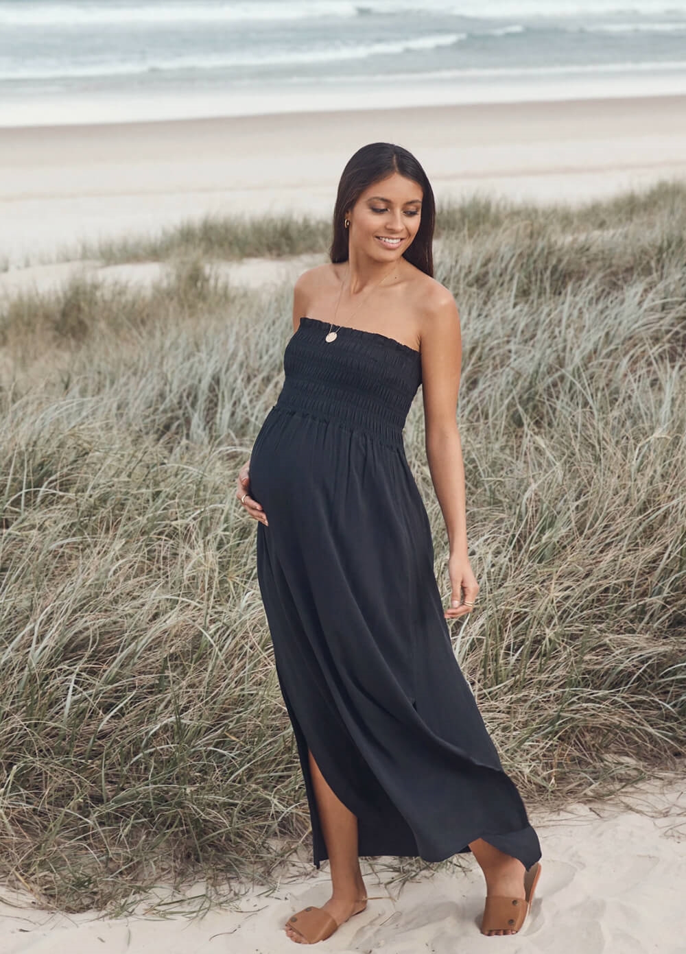 Legoe - Hvar Shirred Maternity Maxi Dress - Black | Queen Bee