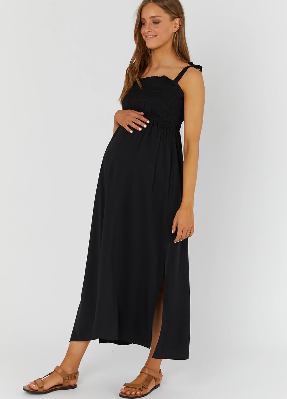 Legoe - Hvar Shirred Maternity Maxi Dress - Black | Queen Bee