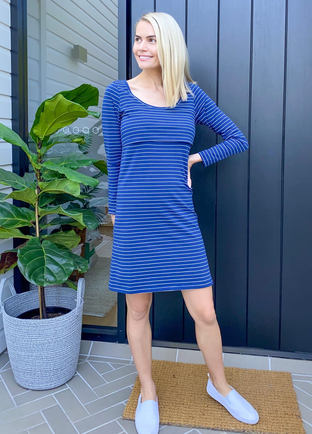 Brienne Postpartum Nursing Dress in Navy Stripe by Trimester