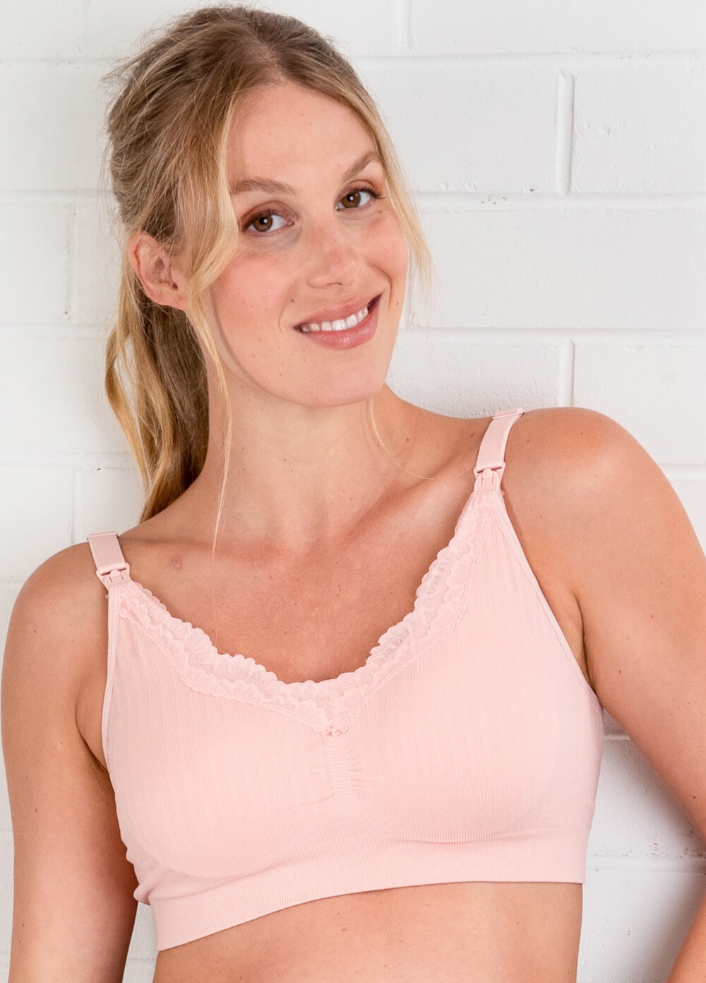 Queen Bee - Emma Pointelle Lace Trim Maternity Nursing Bra in Pink