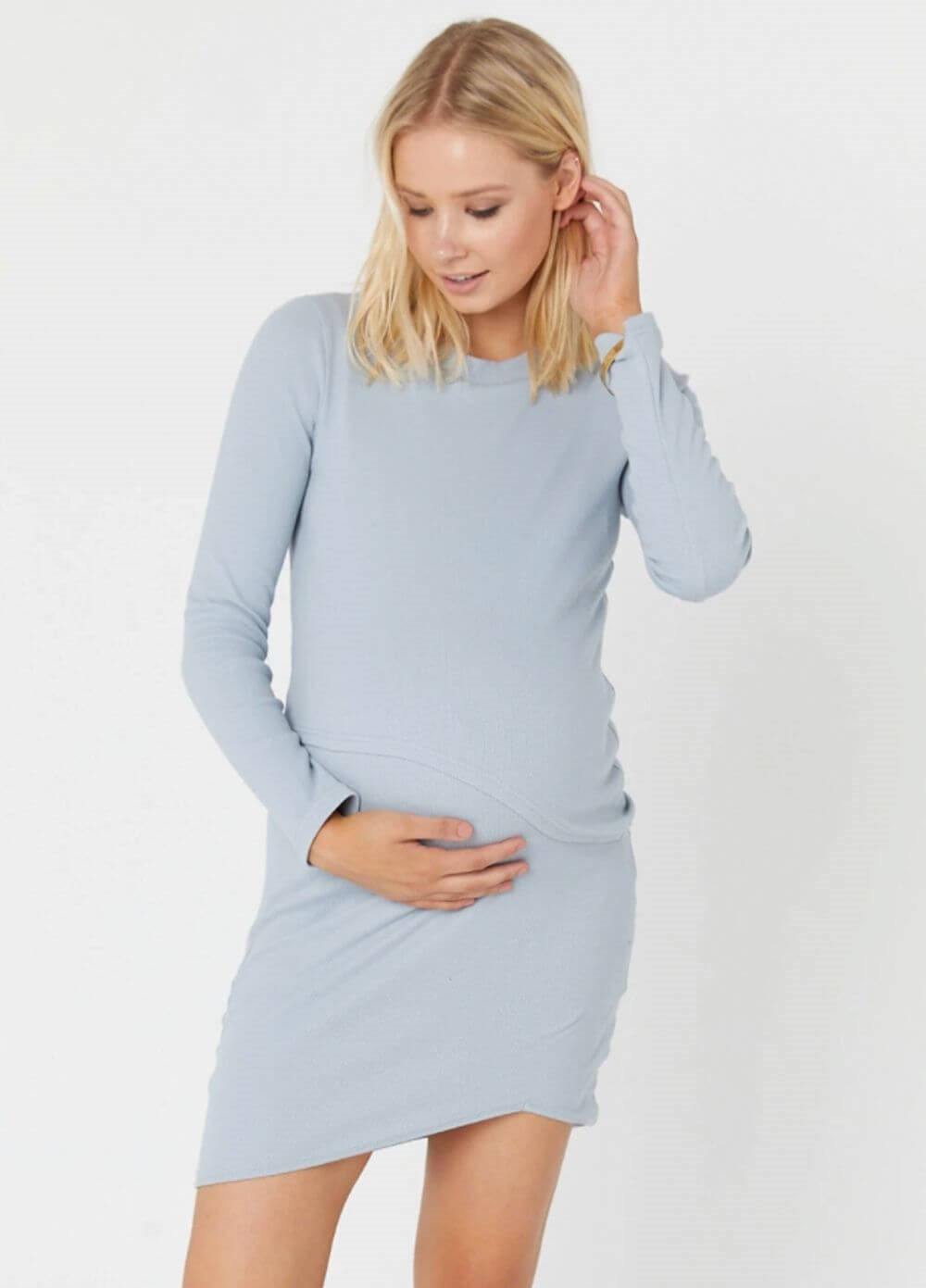 Legoe - Forever Rib Maternity Nursing Dress in Ash Blue | Queen Bee
