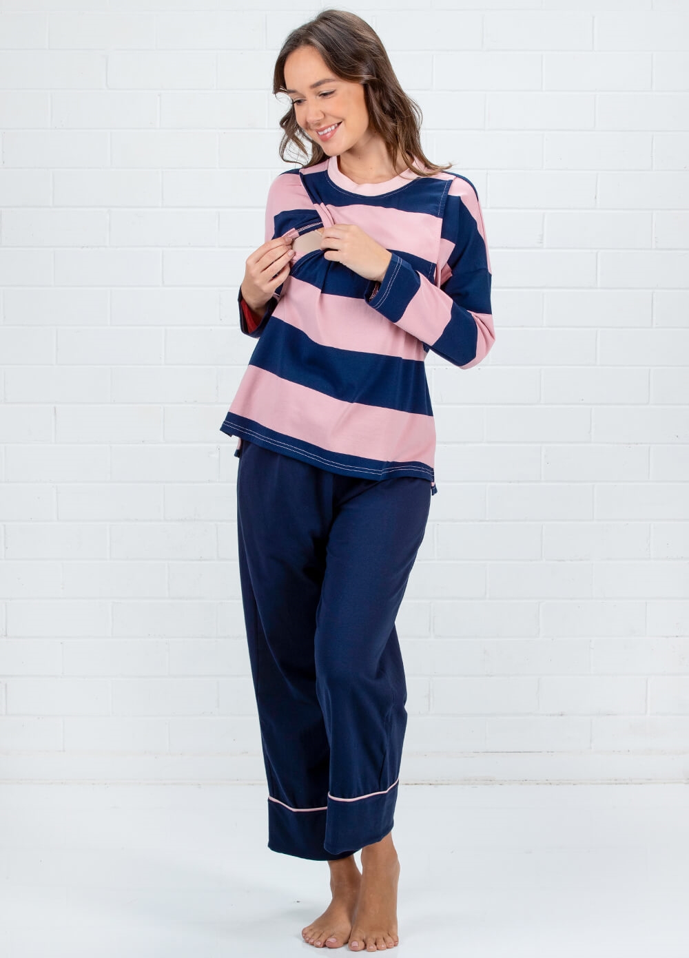 Lait & Co - Mae Maternity Nursing Pyjama Set in Navy/Pink Stripes